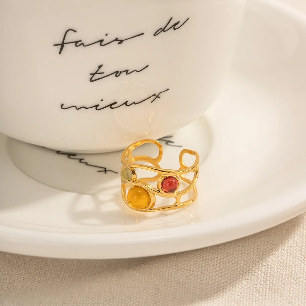 Cheap fashionable New Arrival 18K Gold Plated Irregular Rings Jewelry Stainless Steel Layer Colorful Resin Open Rings for Girls