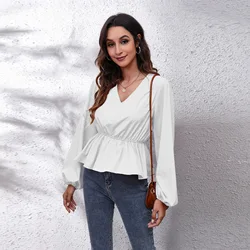 Bulk wholesale women clothing autumn lantern sleeve chiffon shirt for ladies Solid color waist V-neck long sleeves blouse 2022