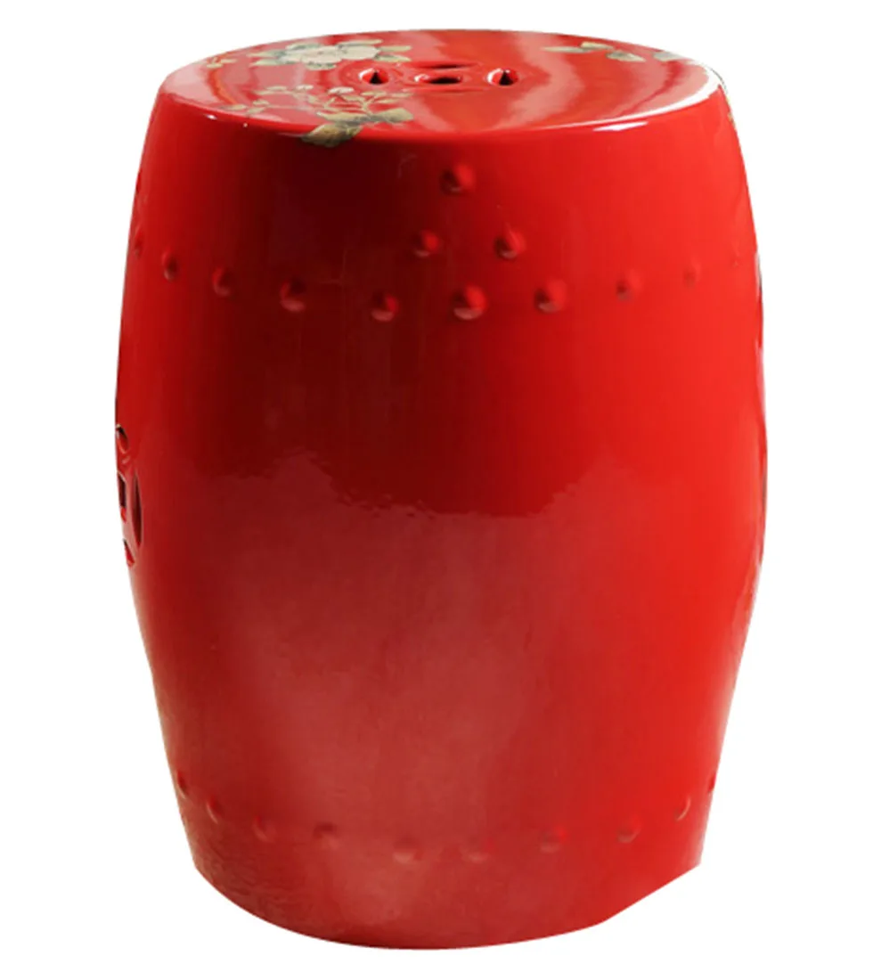 Modern Chinese Red Porcelain Drum Stools with Flower Bird Painting Decorative Ceramic Garden Stool