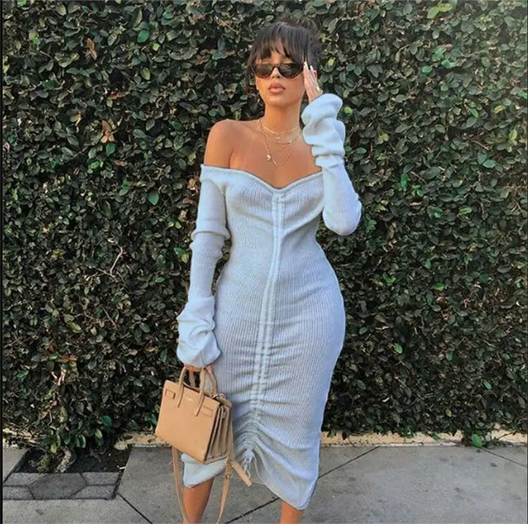 New Trendy Off Shoulder Pleated Drawstring Long Sleeve Ladies Elegant Dresses 2020 Clothes Women Casual Dress