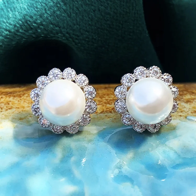 100% Sterling 925 Silver Flower Design Natural Freshwater Pearl with Cubic Zircon Stud Earring Women Fine Jewelry Daily