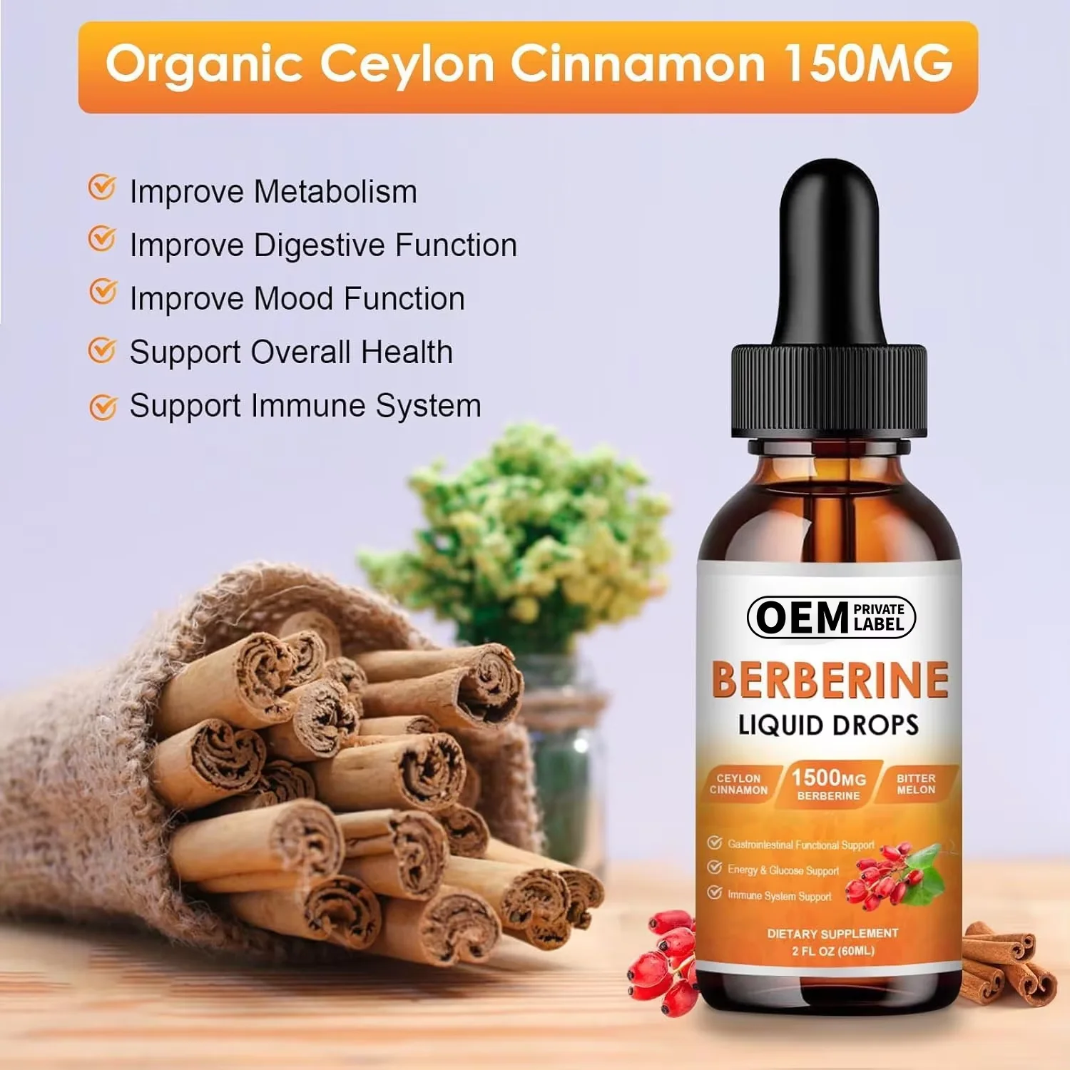 OEM Berberine Liquid Drops with Ceylon Cinnamon for Antioxidant Heart Health Berberine Liquid Drops Support Cardiovascular Care