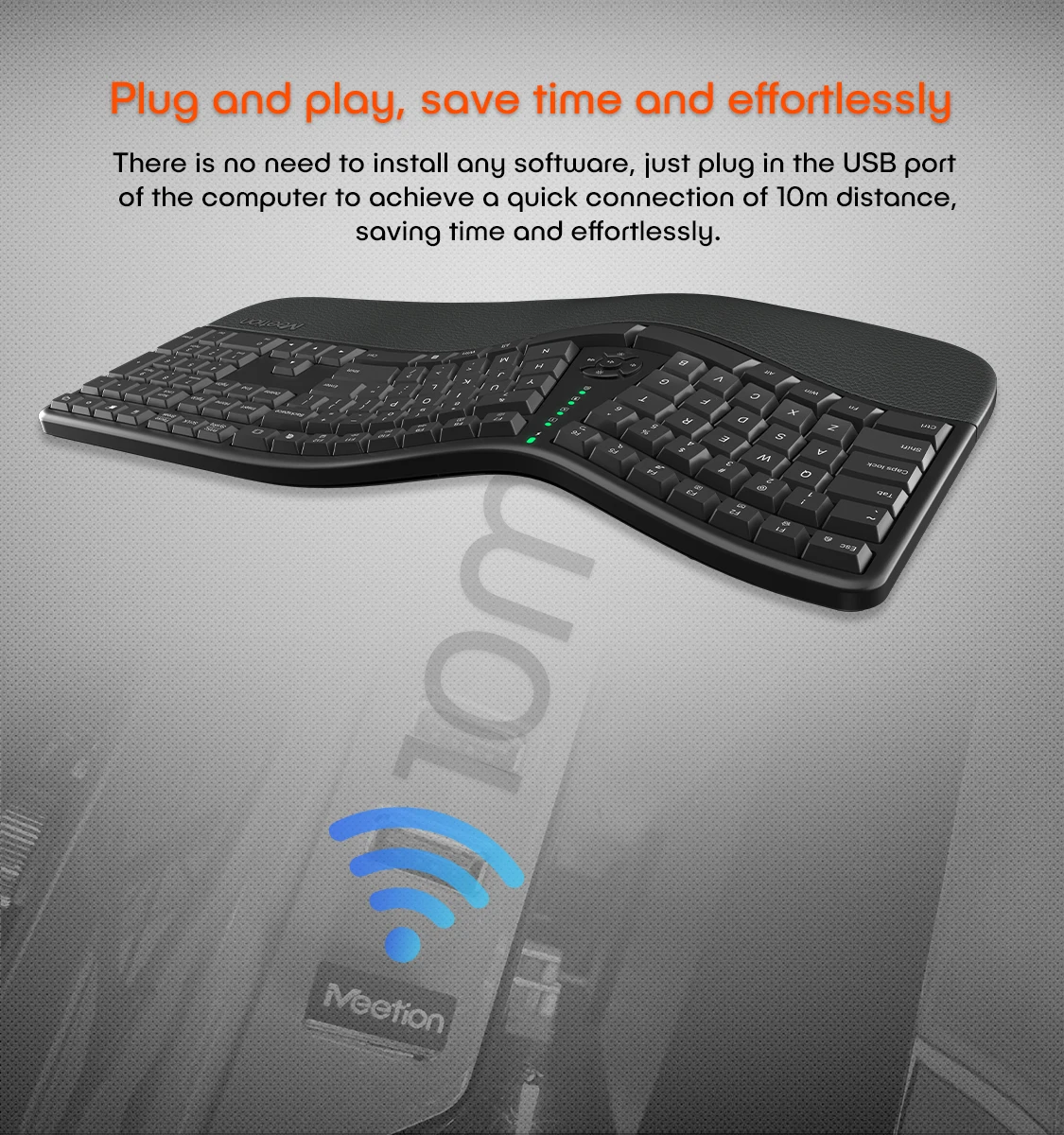 Meetion Mt-directorw Wireless Ergonomic Keyboard Quiet Split Keyboard with Trackball USB 2.4G Black Desktop Membrane USB 2.0 ABS
