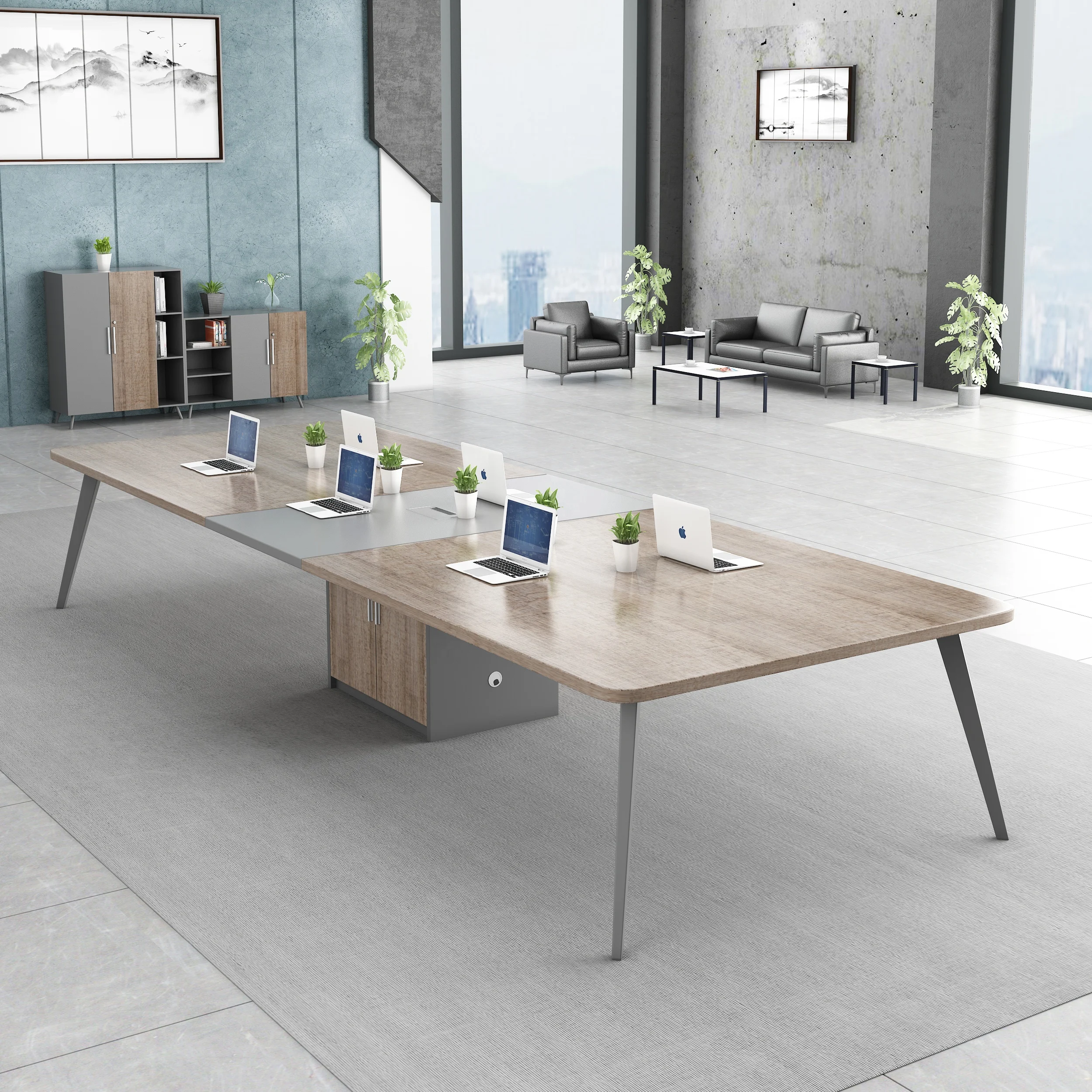 modern minimalist cheap Office Furniture conference table standing desk table durable Metal legs small Meeting Room Wooden Table