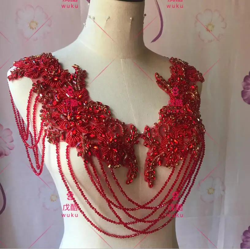 wuku 2021 pair design lace applique encruted crystal and tassel fringe design