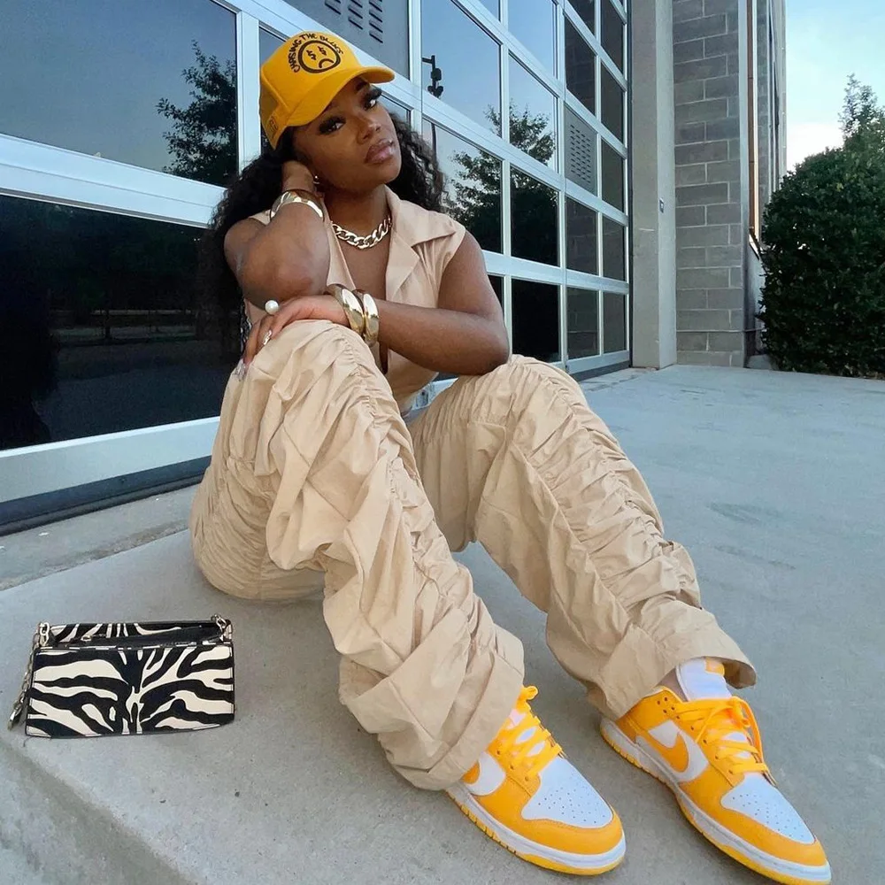 2023 Popular Street Style Pleated Personality Sports Pants Women Fashion Casual Elastic Waist Trousers Ladies