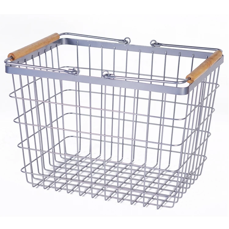 Vintage Locker Wire Storage Basket with Wood Handles for Closets Pantry Kitchen Garage Bathroom