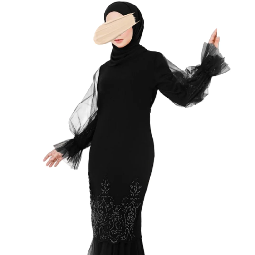 SIPO Black Chiffon with Beads Lace Embroidery Design Solid Color Long Sleeves Half Net Fabric for Malaysia Muslim Baju Kurung