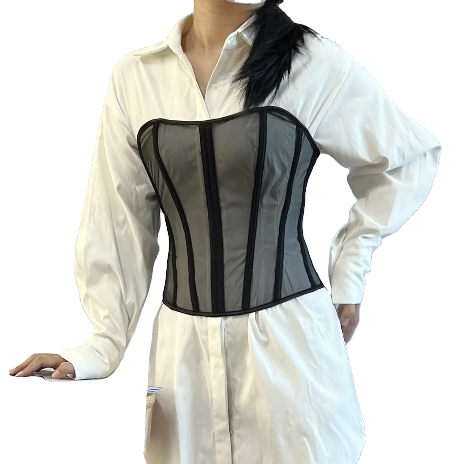 Women Sexy Sheer Mesh Patchwork Bustier Corset Vintage Strapless Lace-Up Back Overbust Waist Cincher Body Shaper Top Wholesales