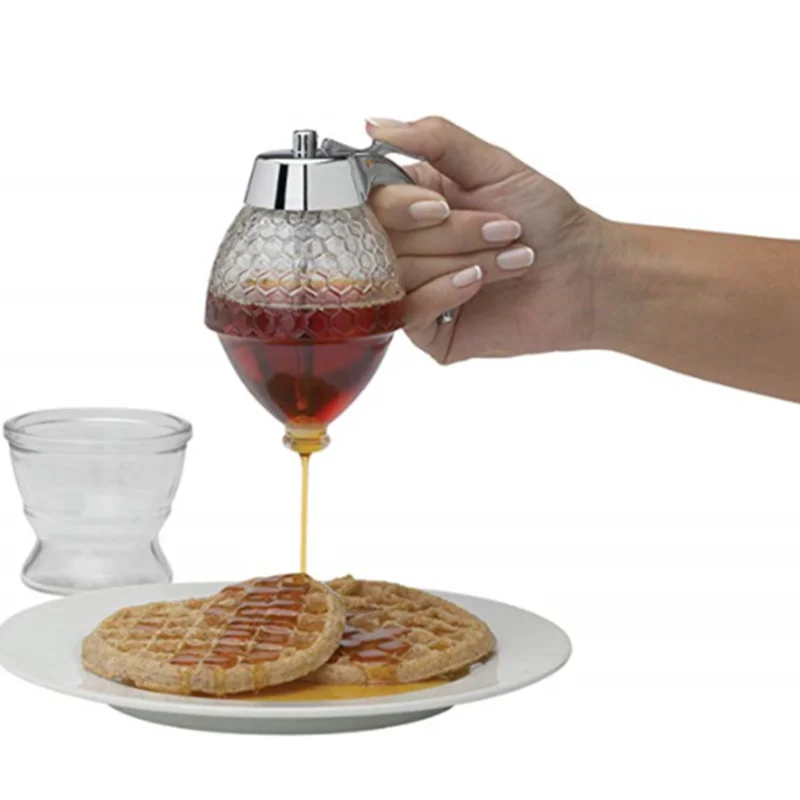 Honeycomb Container Honey Syrup and Sugar Jar Pot No Drip Dispenser with Stand