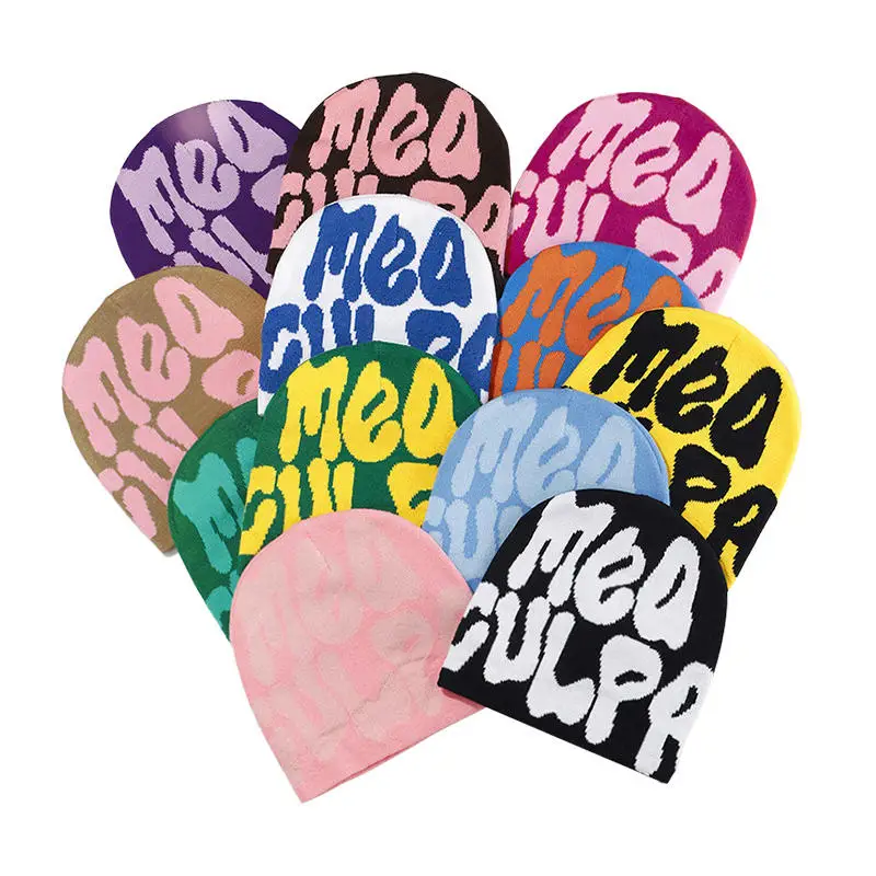 Custom All Over Print Beanie With Logo Embroidery Jacquard No Fold Bennie Hat Meaculpa Y2k Knit Skull Cap
