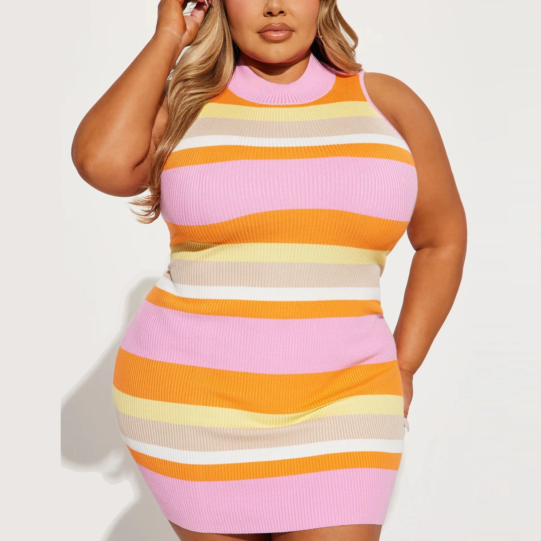 Low MOQ Custom Logo High Quality Short Mini Dress Sleeveless Pink Color Summer Casual Clothes Plus Size Women Striped Dresses