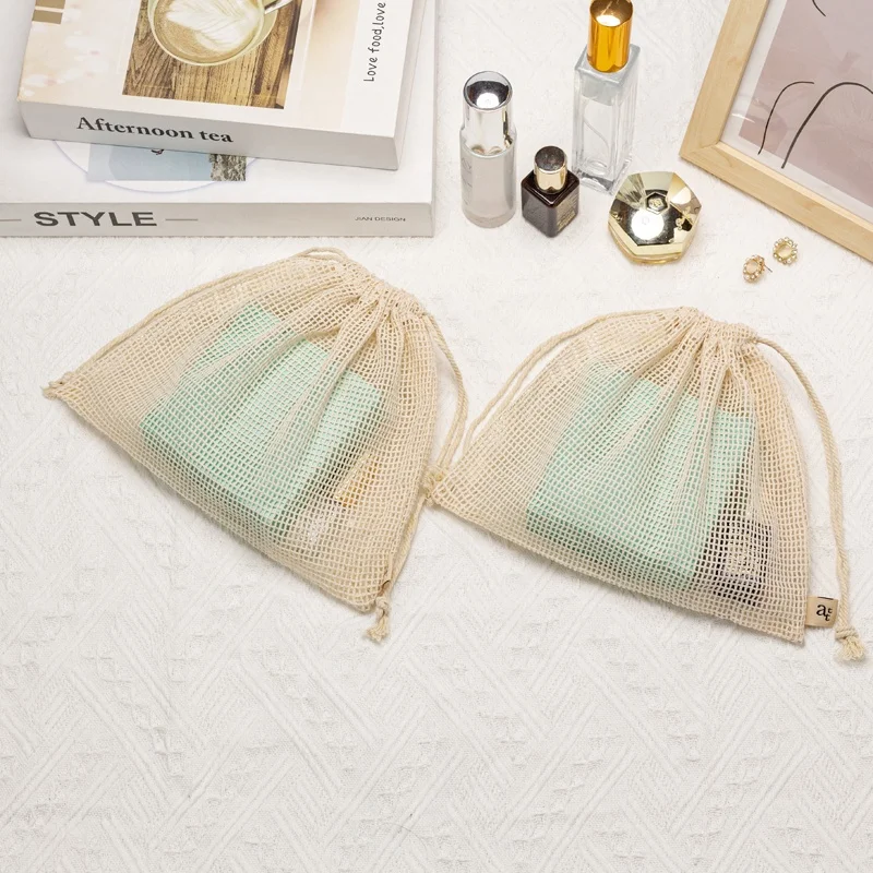 Eco-Friendly 100% Cotton Mesh Fabric For Fruits Packaging Pouch Drawstring For Loose Powder Storage Pouch For Facial Cleanser