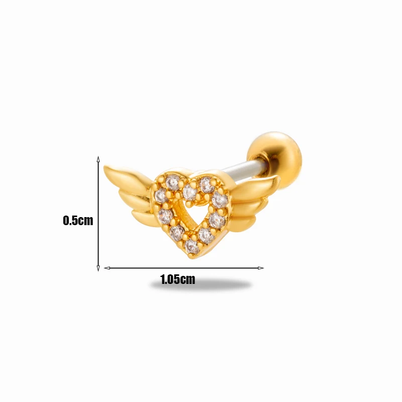 custom stainless steel screw back cubic zirconia love heart wing tragus helix piercing jewelry ear cartilage stud earrings