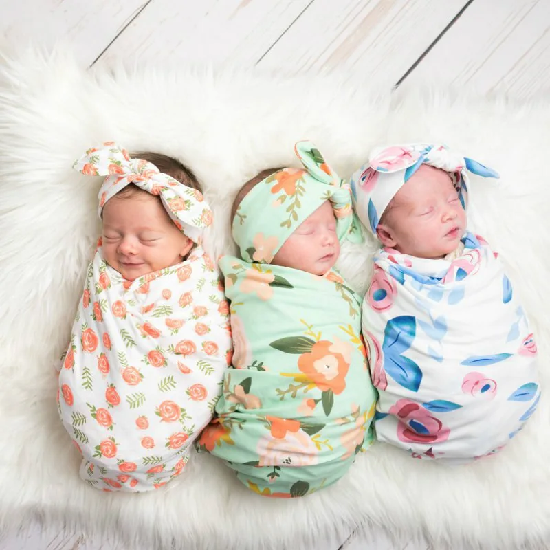 Newborn Baby Photo Shoot Props Soft Stretch Floral Printed Swaddle Wrap Blanket and Headband Set