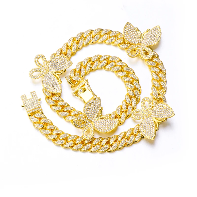 Luxury Personalized Hot Selling Hips Hops 12mm Bling Bling Rhinestone Crystal Rose Gold Butterfly Cuban Chain Choker Necklace