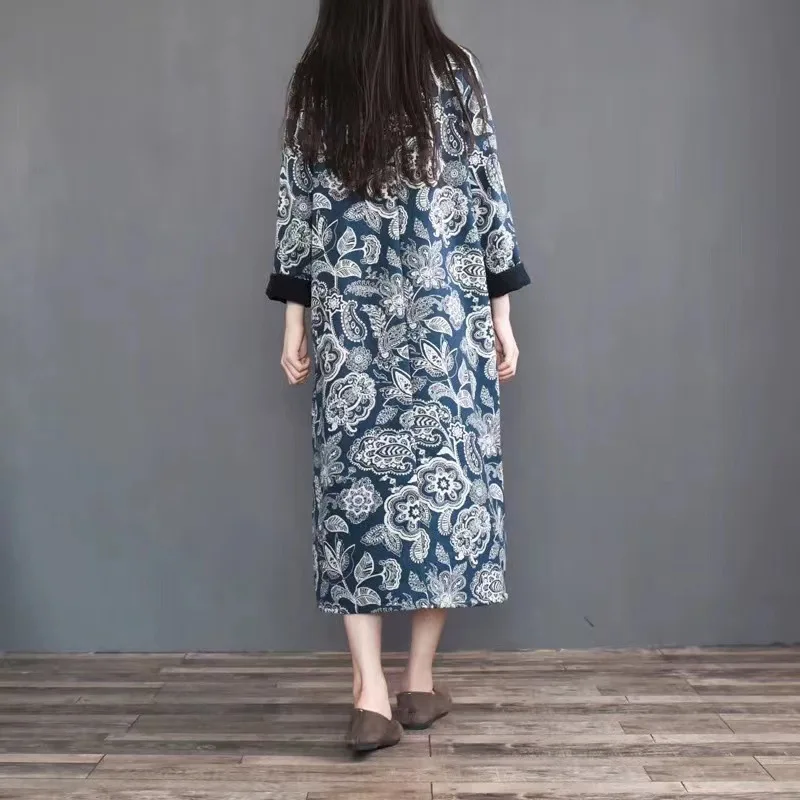 Custom Chinese Casual Autumn Winter Loose A-Line Stand Neck Long Sleeve Maxi Linen Cotton Flower Print Dress Woman With Buttons