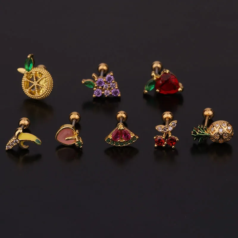 YW Dainty Cherry Lemon Banana Orange Fruits Series Crystal Ear Helix Daith Conch Tragus Stud Piercing Jewelry Earring
