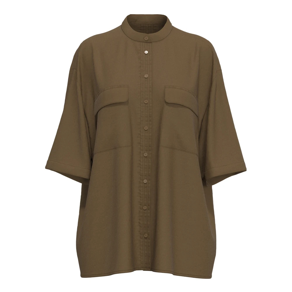 
Lady rayon stand collar chest pockects drop shoulder half sleeve blouse for women 1101223-115C 