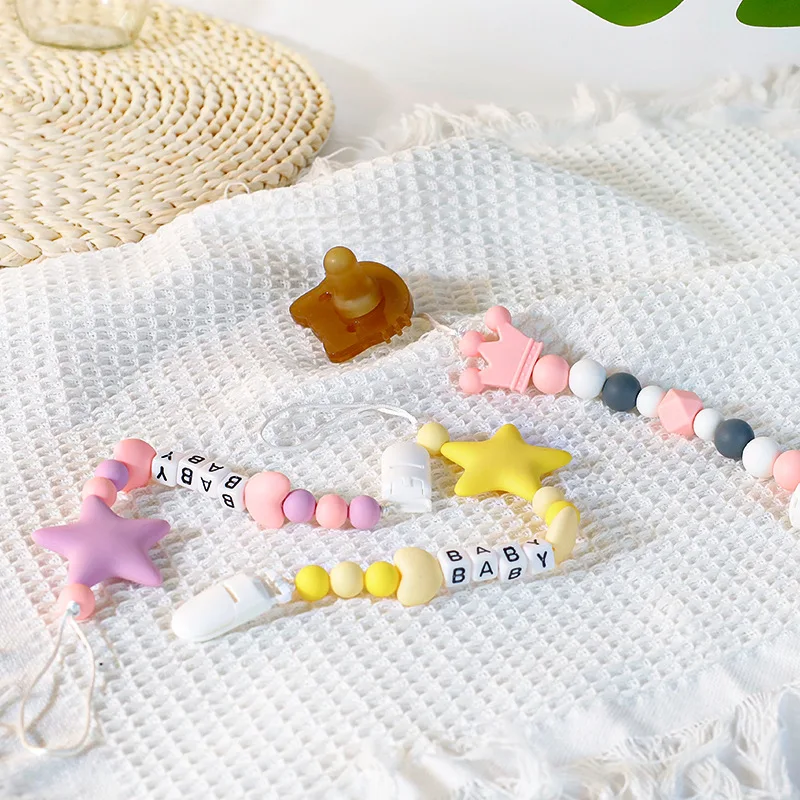 Cute Cartoon Heart-Shaped Anti-Drop Lanyard Beaded Tether with Adjustable Bite Silica Gel Baby Pacifier Clip