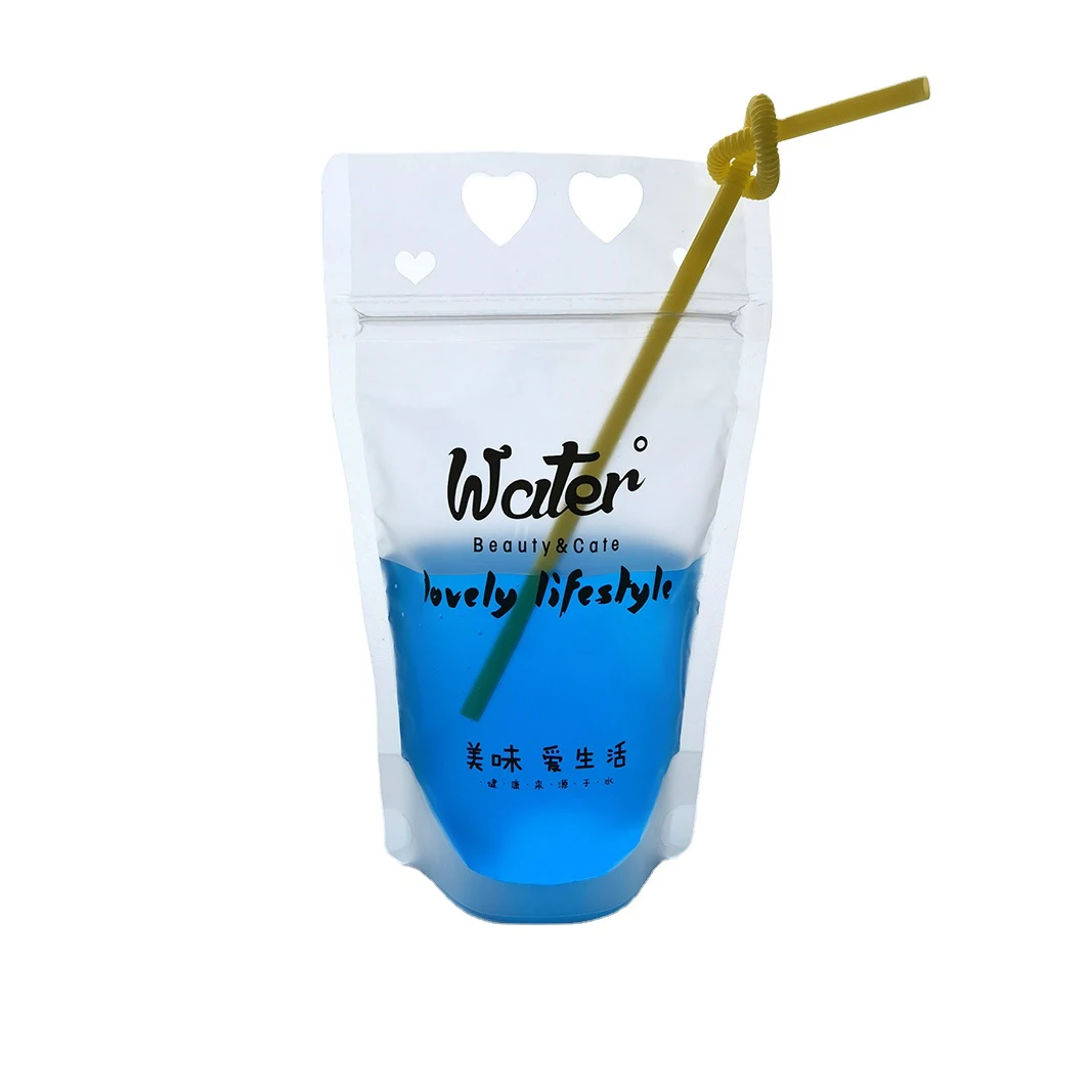 Customized Reusable Clear Ziplock Liquid Drinking Beverage Bag With Plastic Straw