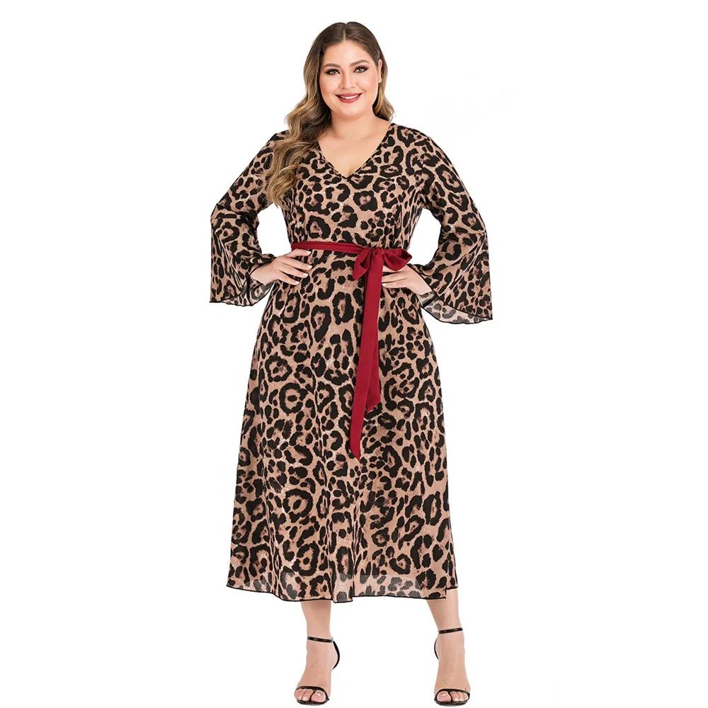 
Spring Women Loose Long Sleeve V Neck Red Tie Lace Up Sexy Plus Size Leopard Maxi Dress 