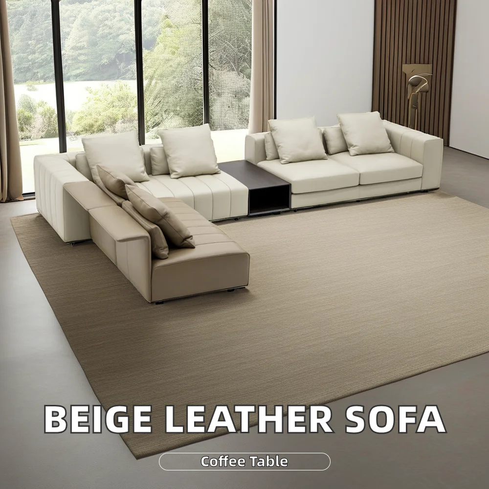 Italian Premium Beige Leather Chesterfield Sectional Sofa Set Minimalist Modular with Corner Feature Living Room