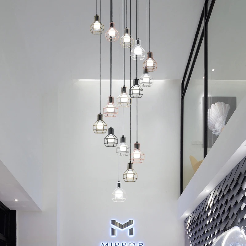Nordic Modern Duplex Iron Multi Head Combination Loft Industrial Style Staircase Long Grenade Black E27 Stair Pendant Lamp