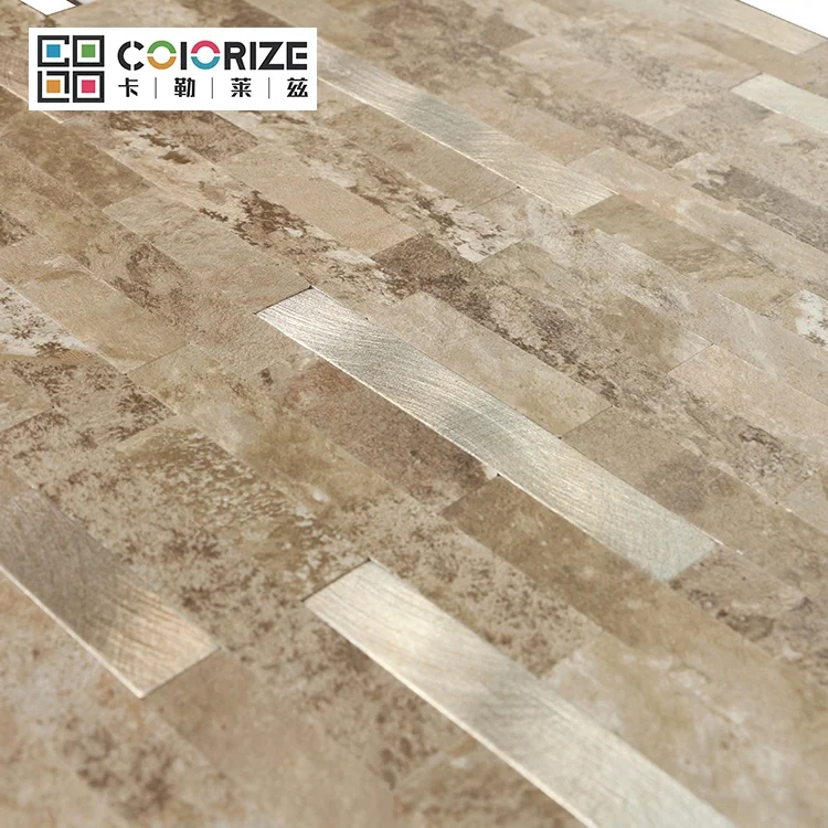 290x300 мм 3 мм линейный кожуру и палкой мозаичная плитка стены коричневый микс с золотистым цветом полосы Self мозаика PVC LVT клей для плитки