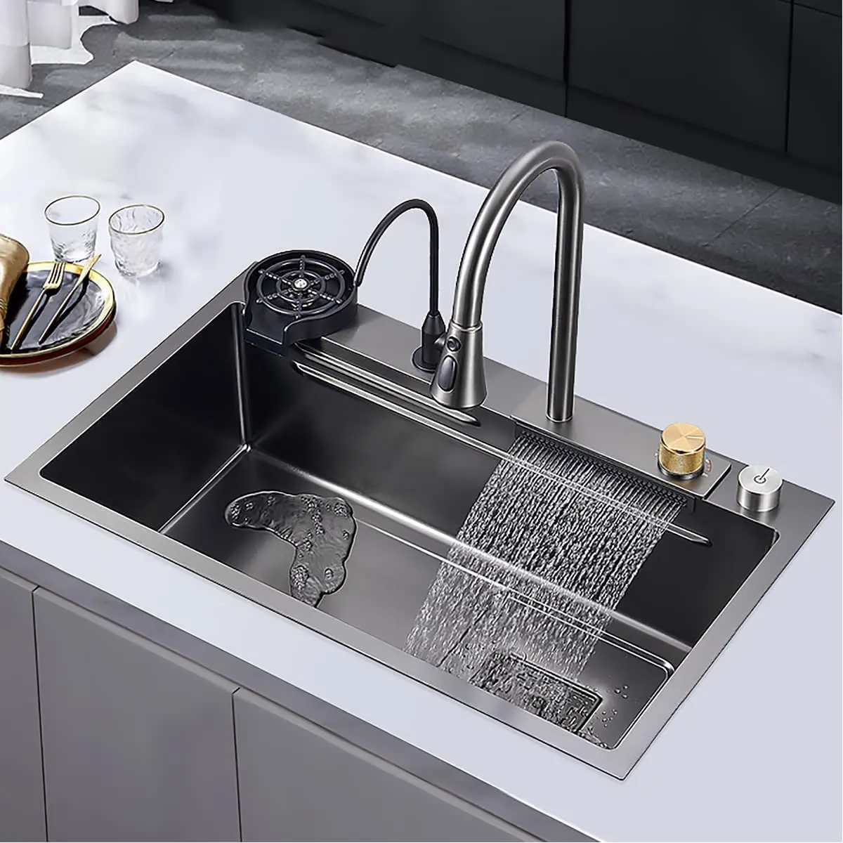 Multifunction Welding Square Modern Stainless Steel Kitchen Sinks Faucet Waterfall Kitchen Sink