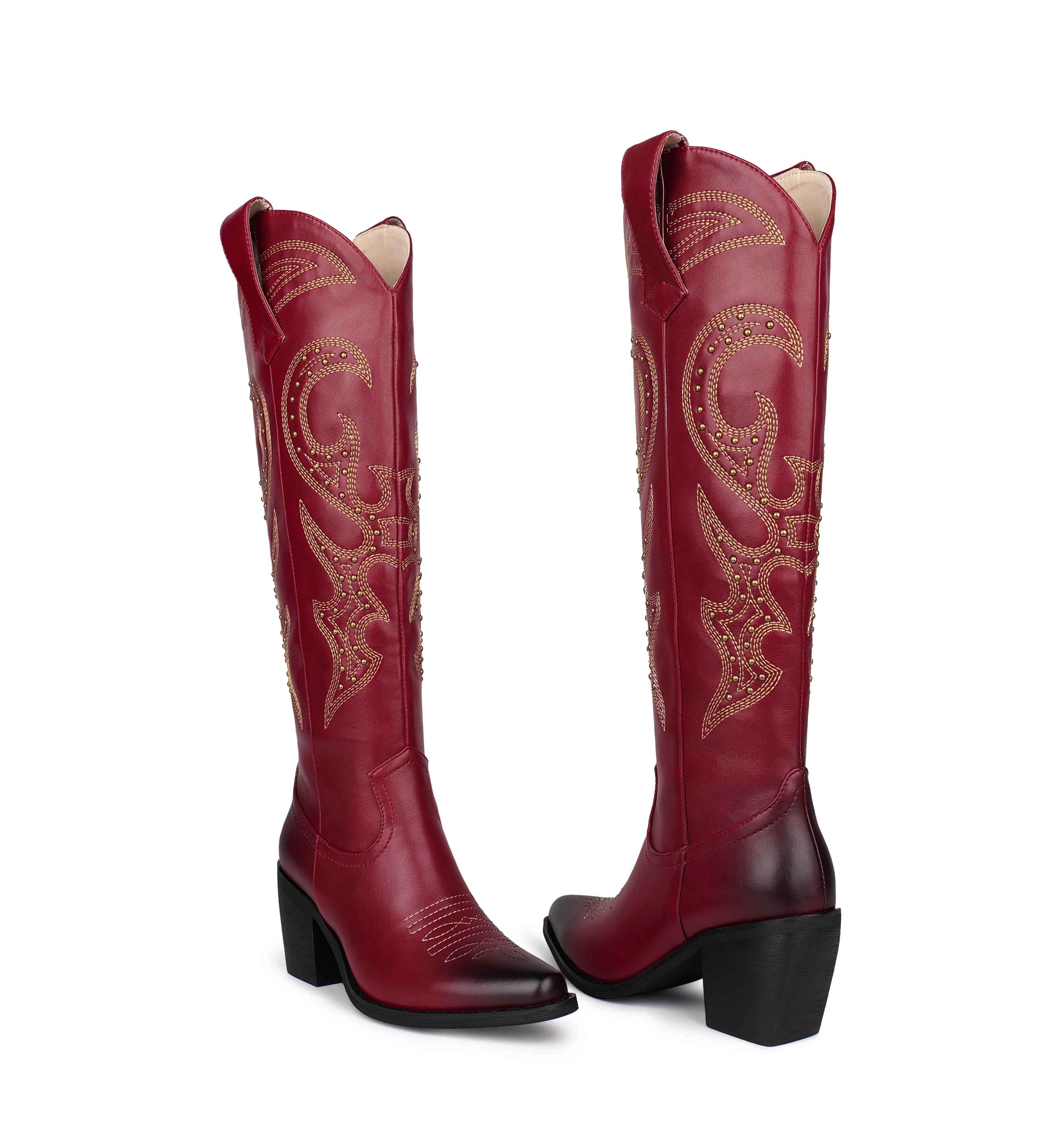 WETKISS 2023 New Styles Trendy Studded Western Red Cowgirl Boots Knee High Long Boots Texas Cowboy Boots With Embroidery