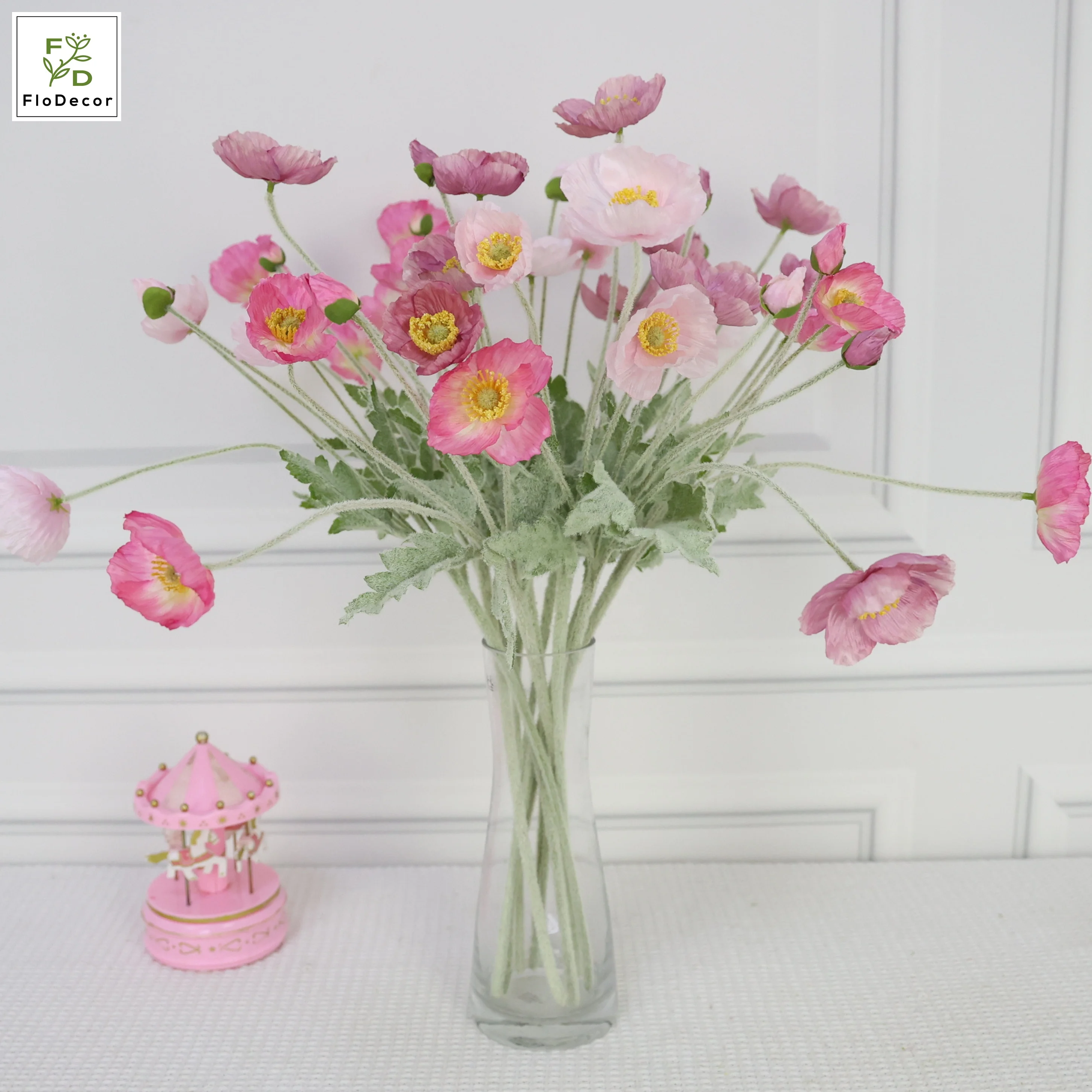 Artificial Silk Poppy Flower Flocked Stem Foldable Home Decoration Table Center Piece Wedding Pink Red Orange Cream