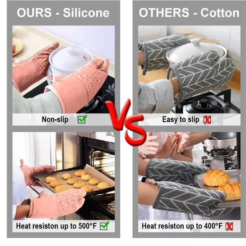 Cotton Lined Padded Mittens Non-Slip Silicone Heat Mats Customized Baking Mitts for Kitchen Gray Silicone Oven Mitts