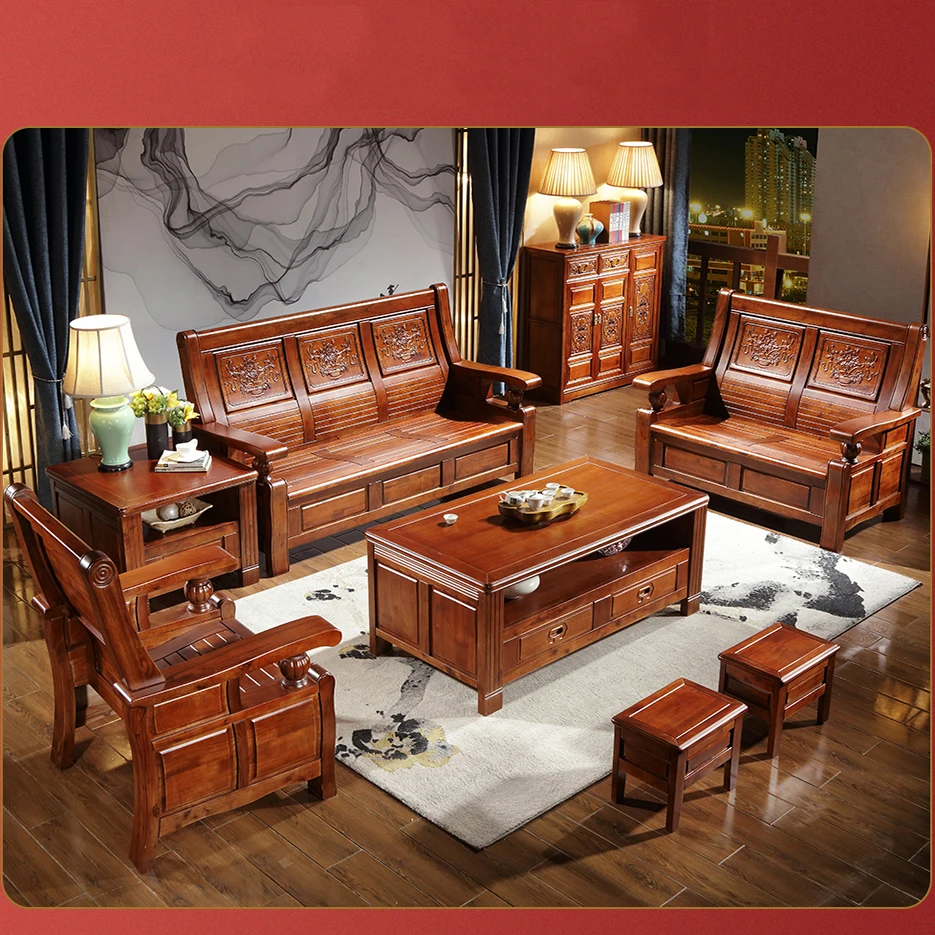 Real wood sofa mortise tenon structure carved flowers camphor wood sitting room sofa tea table sitting room furniture set