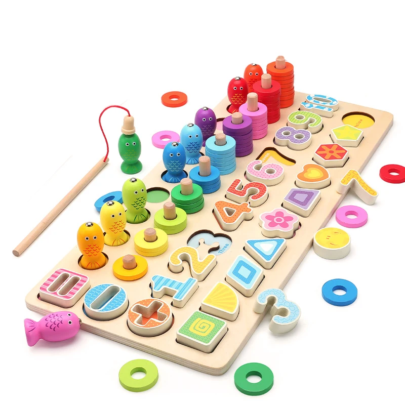 
Wholesale Colorful Montessori Five-in-one Wooden Fishing Digital Shape Matching Toys New Design Kids Early Educational Toys 