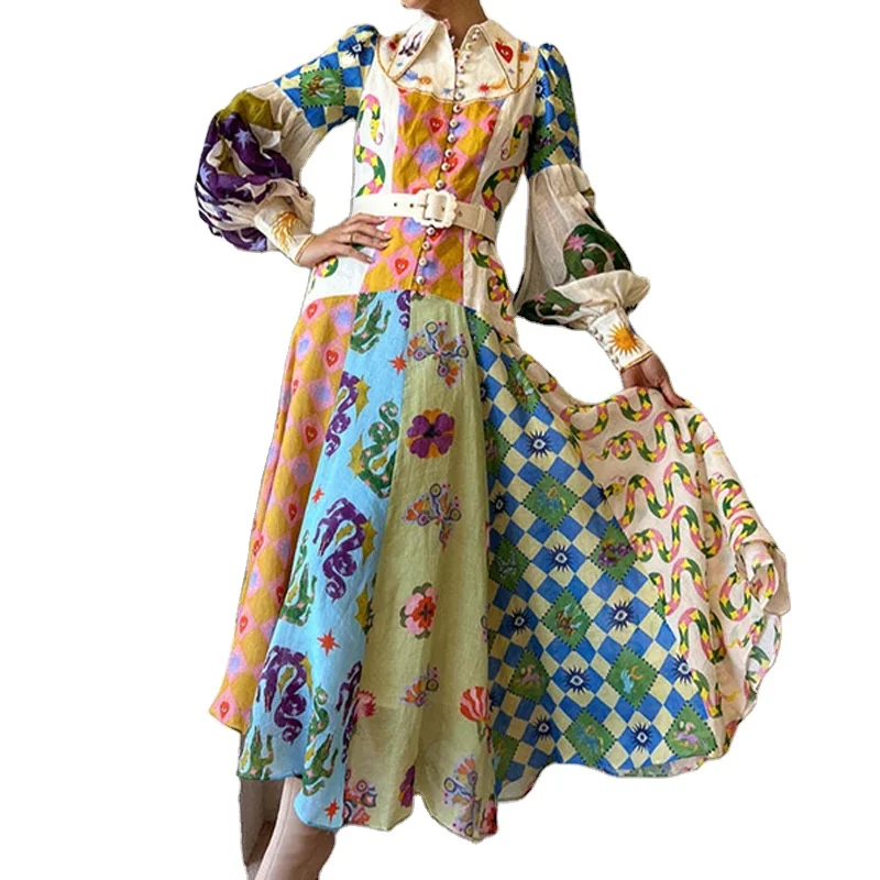 Summer Floral Print Casual lapel Neck Puff long Lantern Sleeve Ruffled Women dress Irregularity long Dress with belt For Women