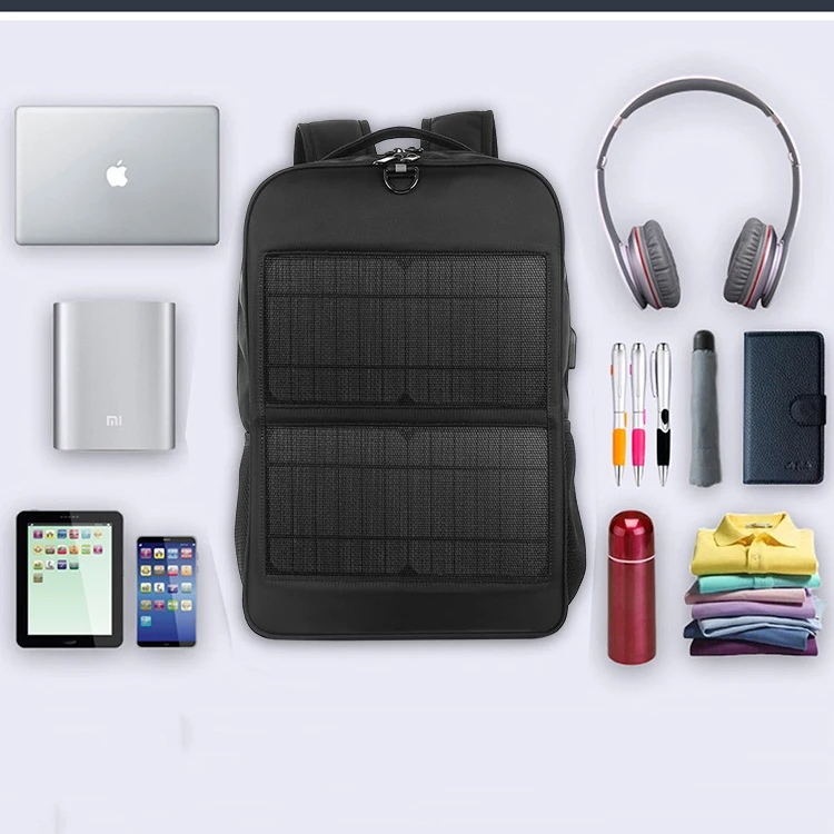 wholesale black backpack with solar charger solar energy charging backpack solar powered Hiking Powered Rechargeable Backpack
