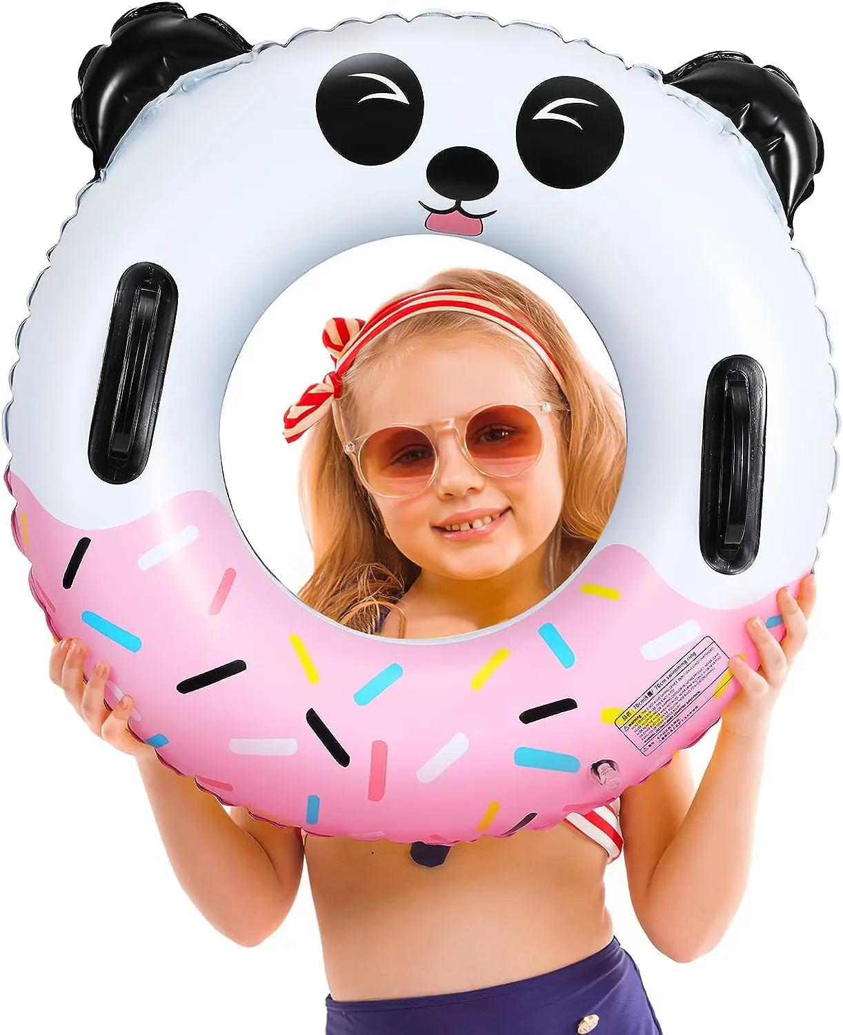Cute Cartoon Swim Ring For Kids, Pink White Panda With Handle Swim Pool Floating Lounge, Summer Outdoor Beach Party Decoration