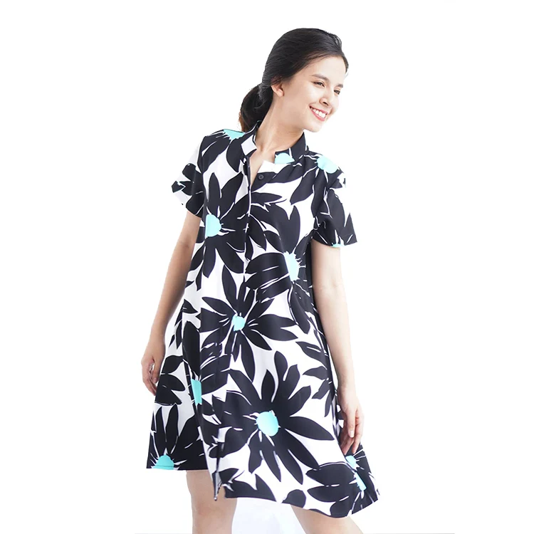2019 New Summer Fashion Black Floral Print Short Sleeve Casual Dresses for Women Ladies Made in Vietnam