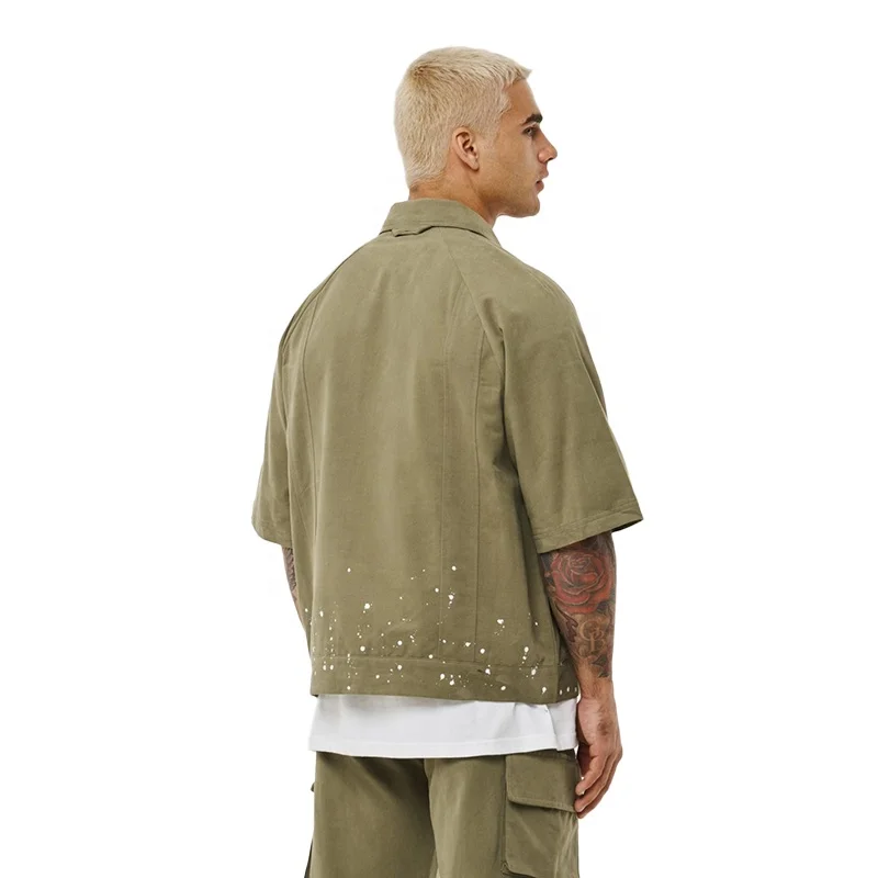 KY Splashing Short Sleeve Shirt Ink Zip up Shirt Cargo Pants Mens Pockets Men Pants and Shirt Sets