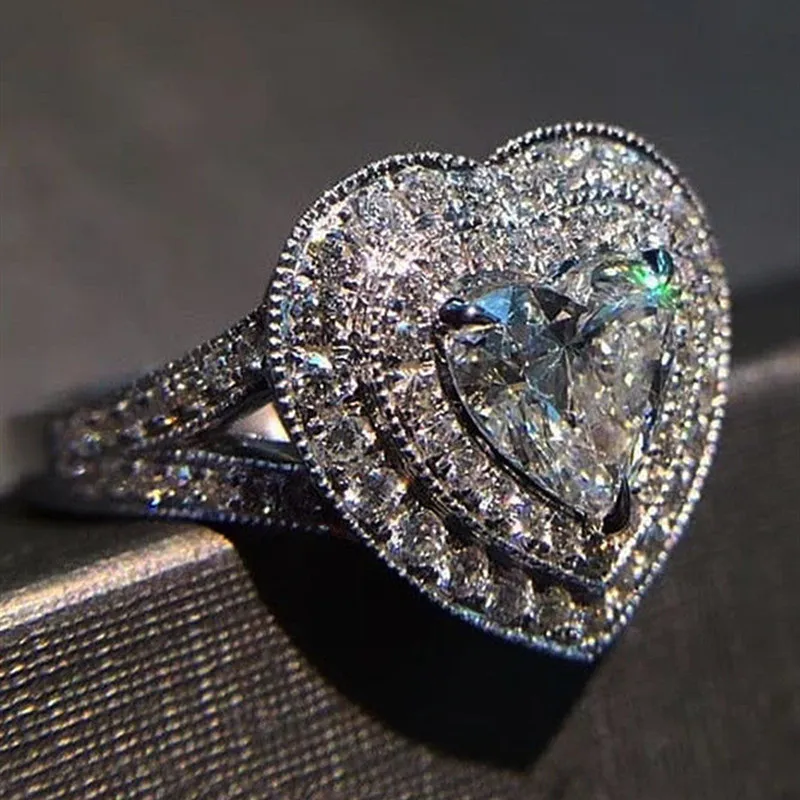 
Huitan Sweet Large Heart Crystal CZ Full Filled Anillos Lady Lovely Woman Luxury Vintage Silver Heart Rings Girls 