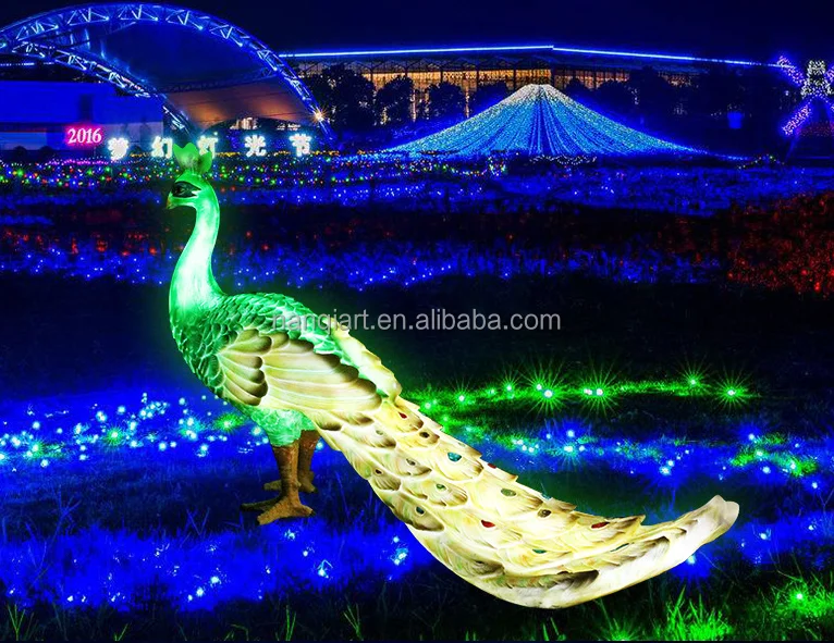 Holiday Park Light Show Decoration Garden Sculpture Realistic Life Size LED Fiberglass Luminous Animal Statues Peacock With Base