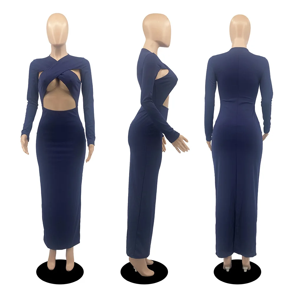 A00027 Cross Necklace Hollow out Long Sleeve Breathable Casual Plus Size Tops Dress for Women