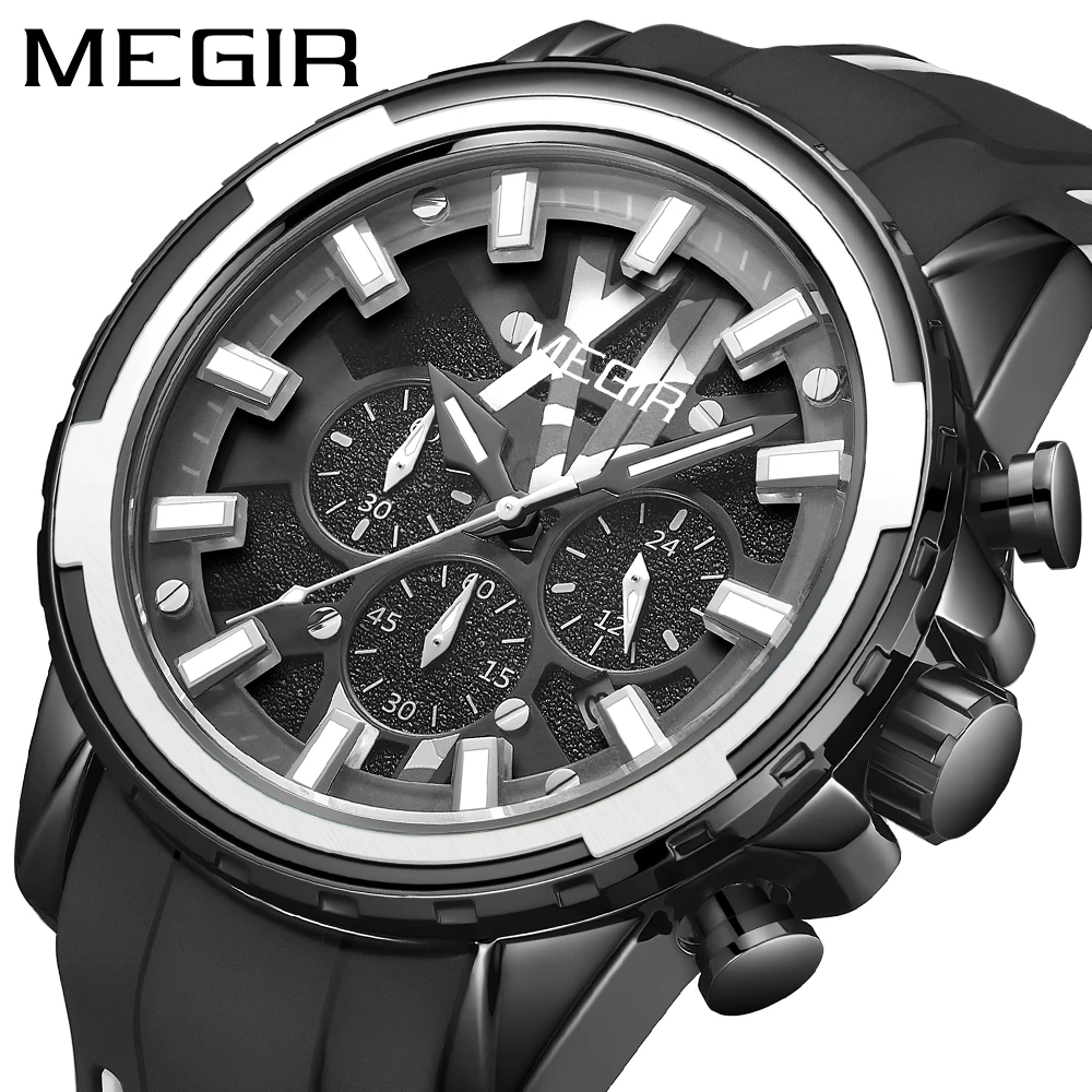 MEGIR 2133 new arrival   quartz watch high quality Rubber Strap 3 dials working chronograph fashion sports  wrist watch