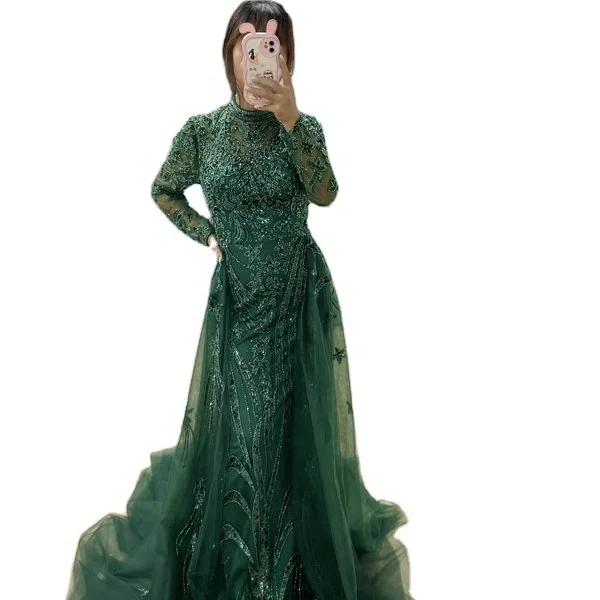 New Model Dubai Beaded Mermaid Evening Dresses Women Luxury High Neck Long Sleeve Muslim Wholesale Prom Dresses Detachable Train