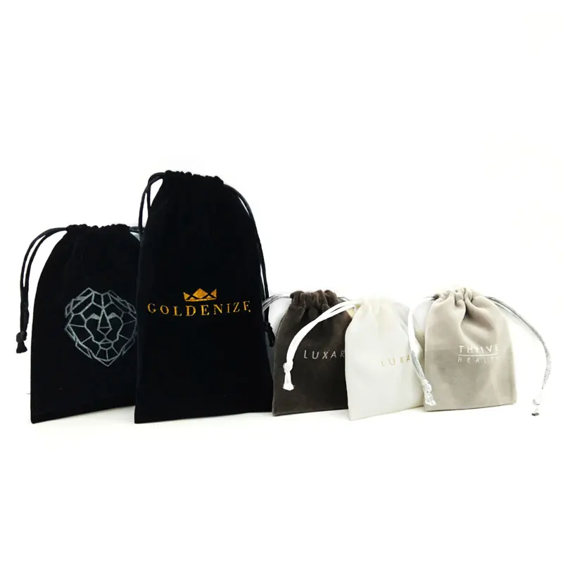 customized logo gold stamping hot foil drawstring bags velvet jewelry pouch