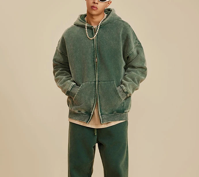 OEM heavyweight cotton fleece mens acid washed oversized dropshoulder zipper up hoodies zip jacket custom logo streetwear