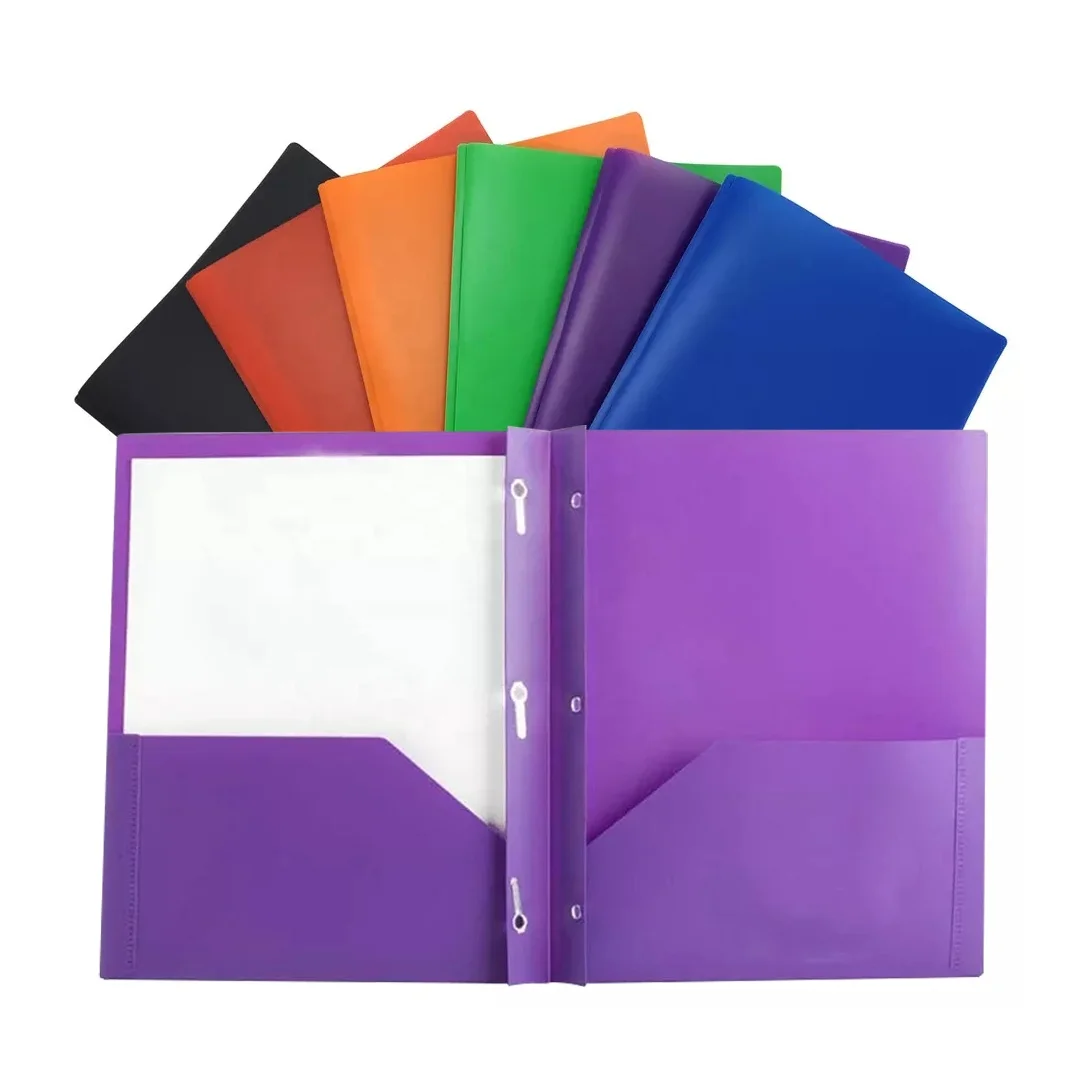 Custom A4 size Amazon plastic PP Two Pockets Multi Colored Portfolio Documents File Folders With 3 Metal Prongs