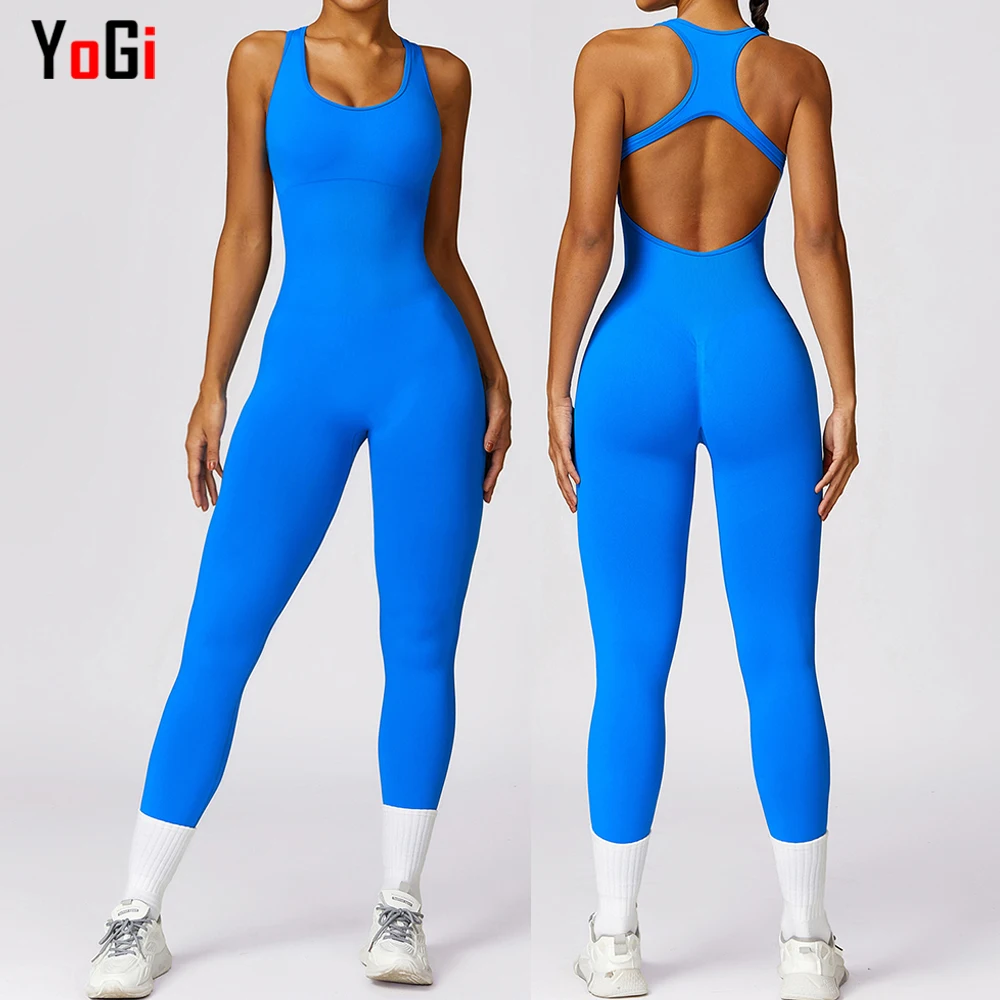 Women One Piece Sleeveless Solid Color Ribbed Slim Fit Pink Seamless Fitness Yoga Gym Workout Rompers Bodycon Jumpsuit