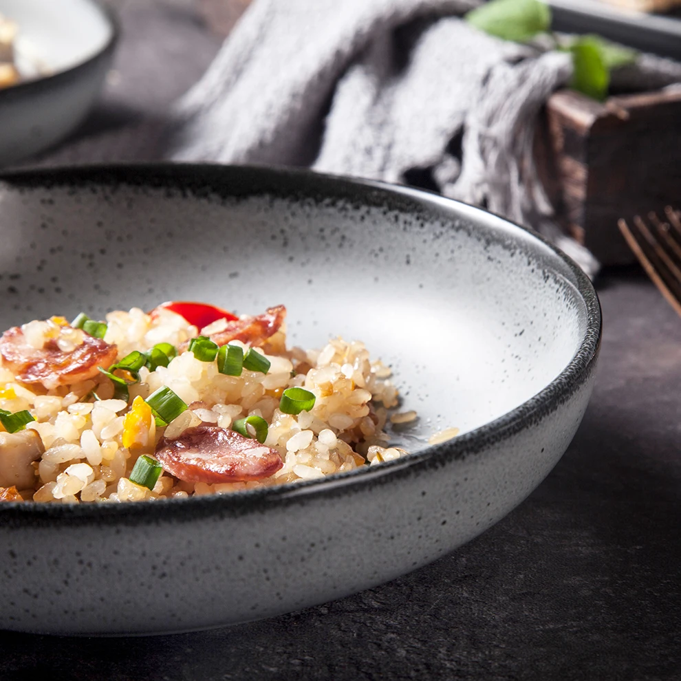 ShengJing Japanese Korean Rustic Light Grey Speckled Porcelain Household Restaurant Pasta Salad Dinnerware Deep Plate